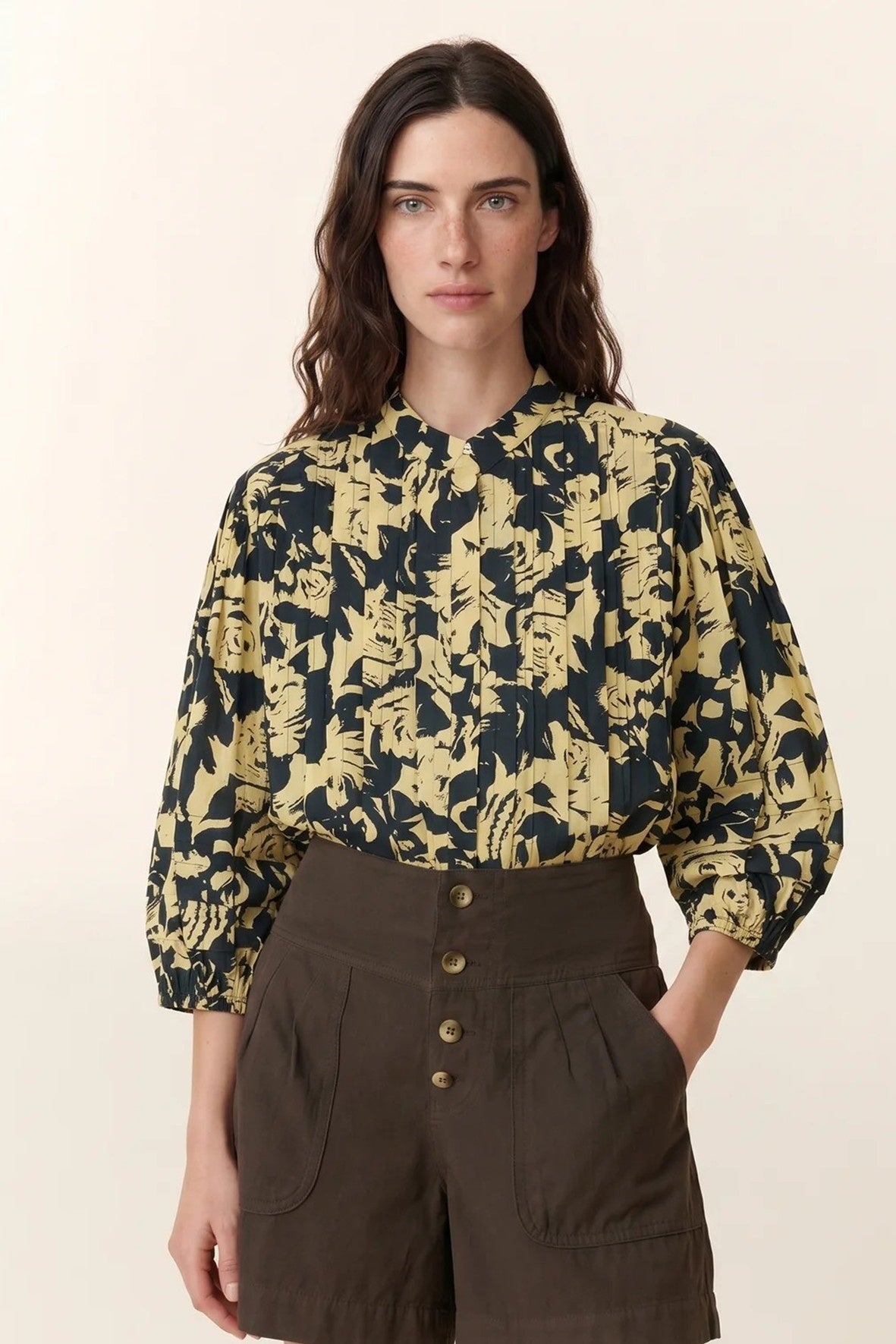 L&H YELLOW Print Pintuck Pleat Bell Sleeve Organic Cotton Shirt