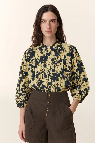 L&H YELLOW Print Pintuck Pleat Bell Sleeve Organic Cotton Shirt