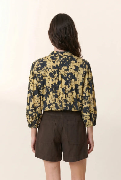 L&H YELLOW Print Pintuck Pleat Bell Sleeve Organic Cotton Shirt
