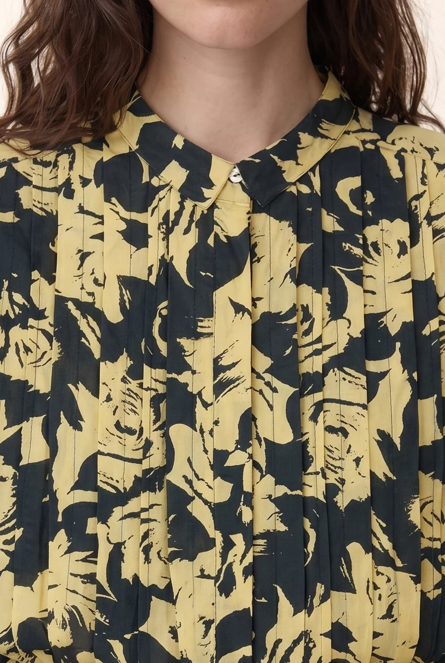 L&H YELLOW Print Pintuck Pleat Bell Sleeve Organic Cotton Shirt