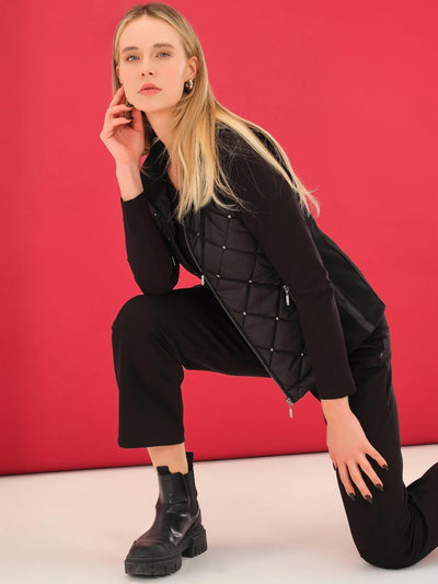 D75155 BLACK Zip-Up Stud Quilt Vest