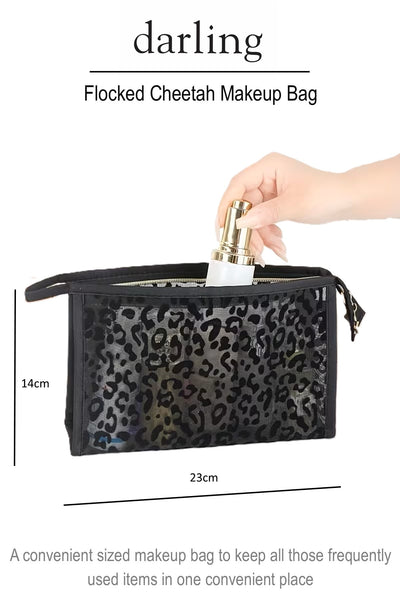 D0055 Cheetah Flocked Mesh Makeup Bag