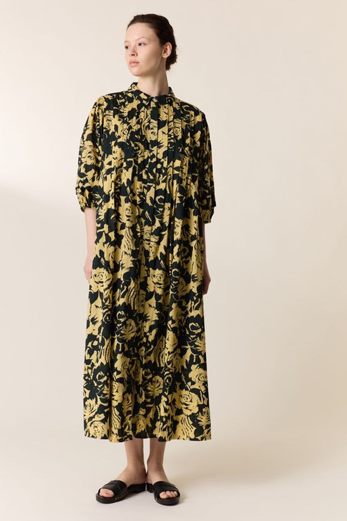 L&H YELLOW Print Pintuck Pleat Bell Sleeve Organic Cotton Dress