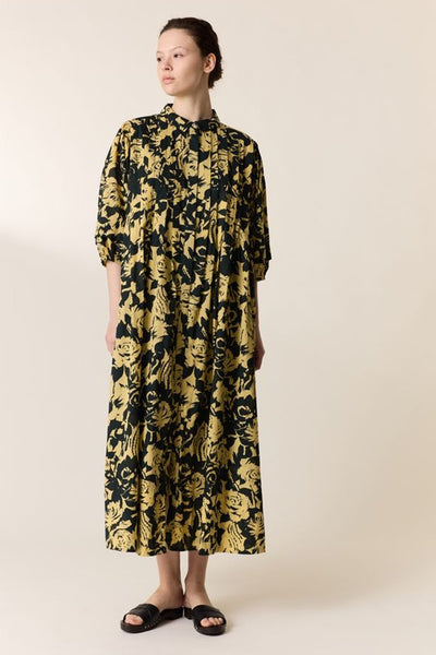 L&H YELLOW Print Pintuck Pleat Bell Sleeve Organic Cotton Dress