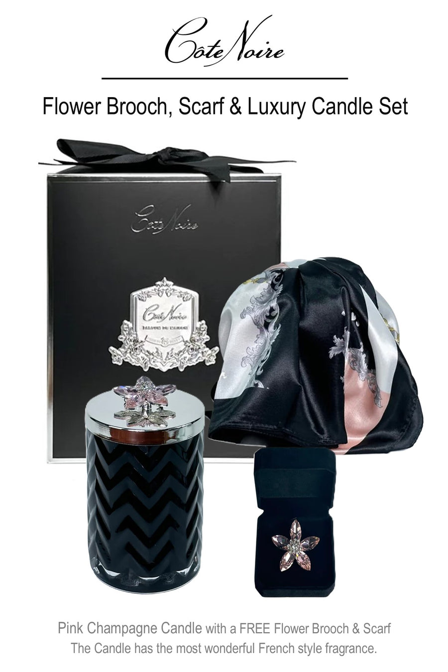 HCS02 - Cote Noire Crystal Flower Brooch /  Candle & Scarf Gift Set