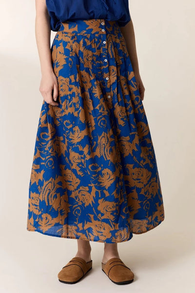 L&H INK Print Pintuck Pleat Button Front Organic Cotton Skirt