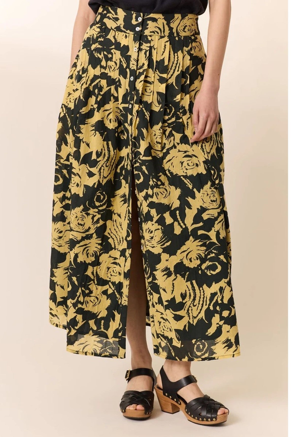 L&H YELLOW Print Pintuck Pleat Button Front Organic Cotton Skirt