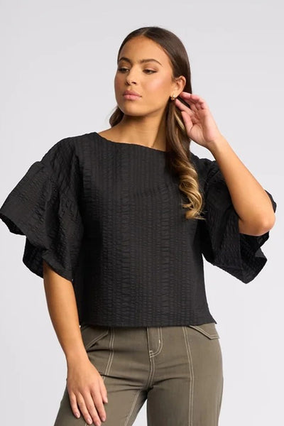 KN5113 Waffle Cotton Ruffle Sleeve Top