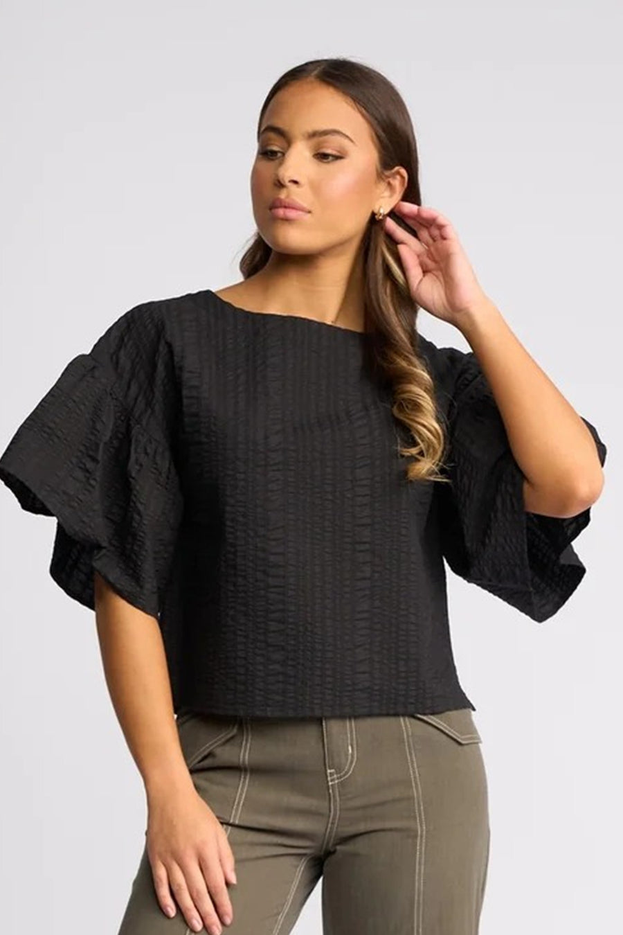 KN5113 Waffle Cotton Ruffle Sleeve Top