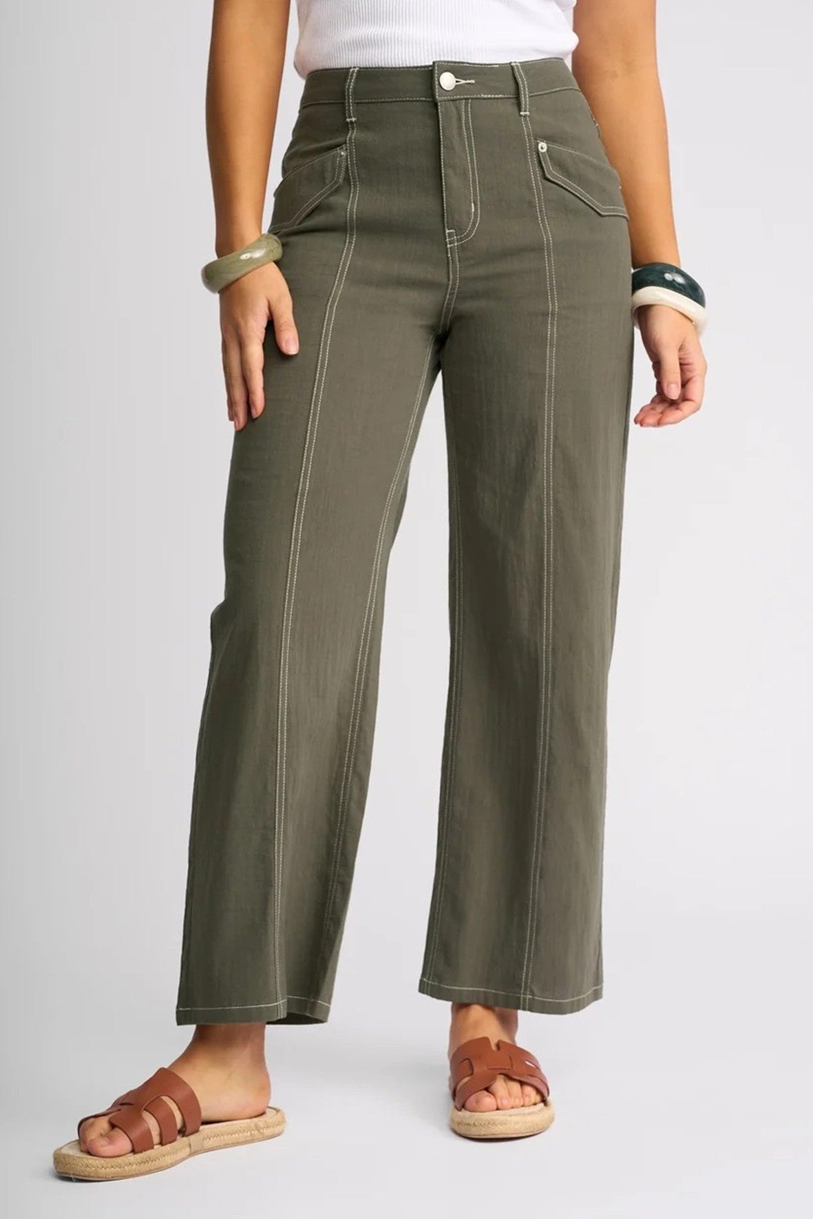 KN7108 OLIVE Contrast Stitch Tab Pocket Pant