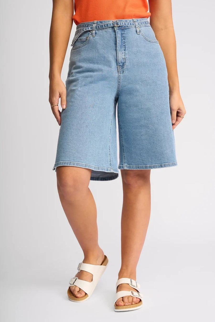 KN8018 Washer Denim Wide Leg Bermuda Jean Short
