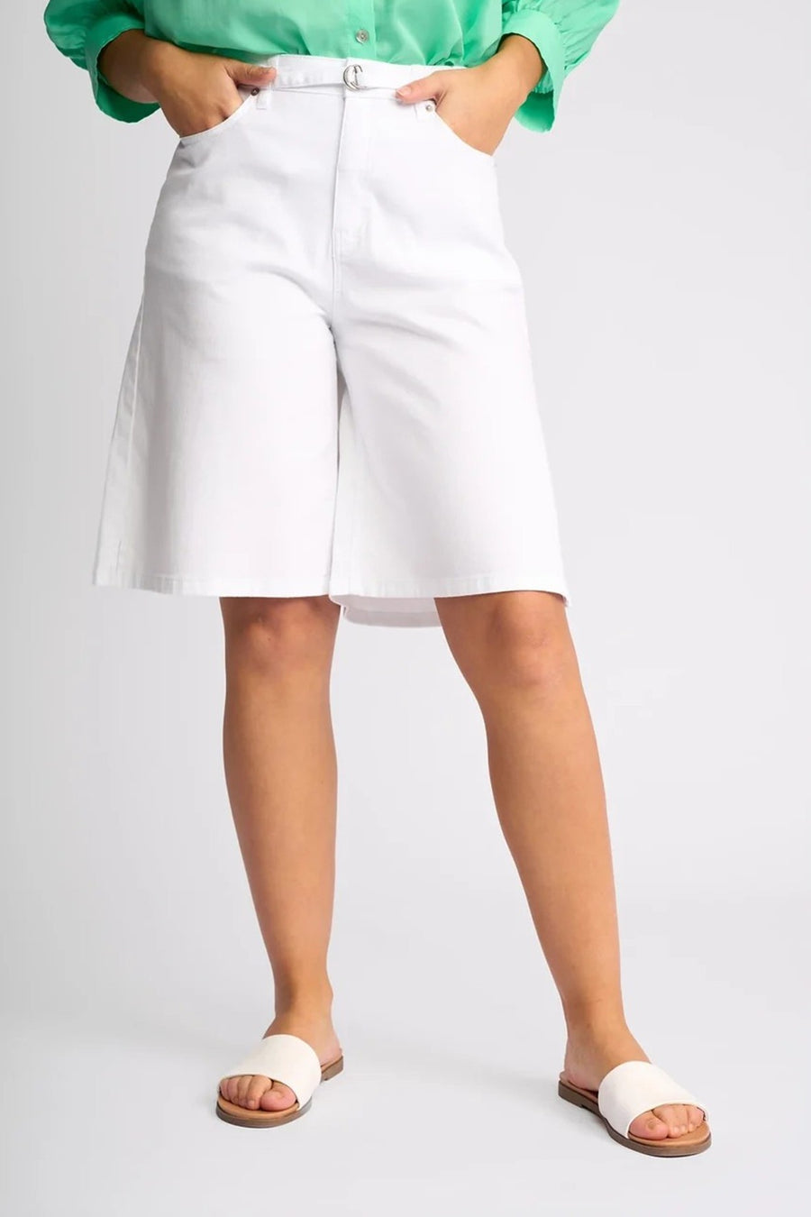 KN8018 WHITE Denim Wide Leg Bermuda Jean Short