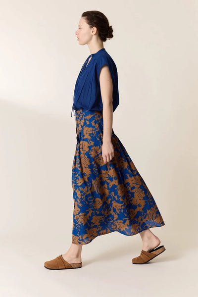 L&H INK Print Pintuck Pleat Button Front Organic Cotton Skirt