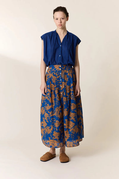 L&H INK Print Pintuck Pleat Button Front Organic Cotton Skirt