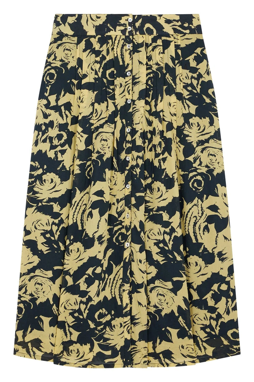 L&H YELLOW Print Pintuck Pleat Button Front Organic Cotton Skirt
