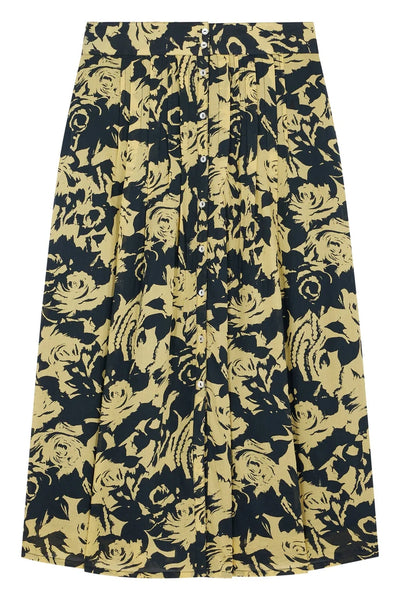 L&H YELLOW Print Pintuck Pleat Button Front Organic Cotton Skirt