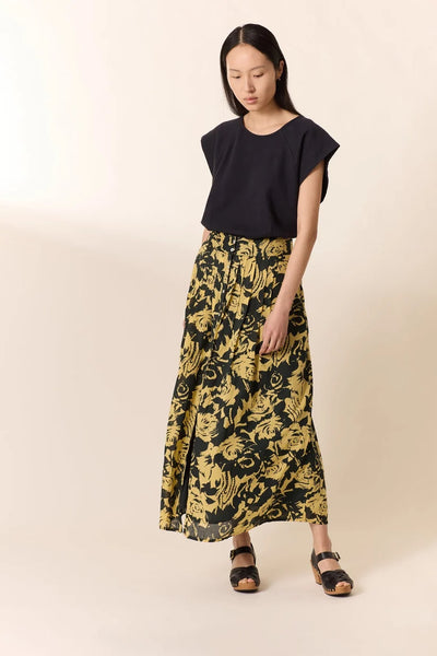 L&H YELLOW Print Pintuck Pleat Button Front Organic Cotton Skirt