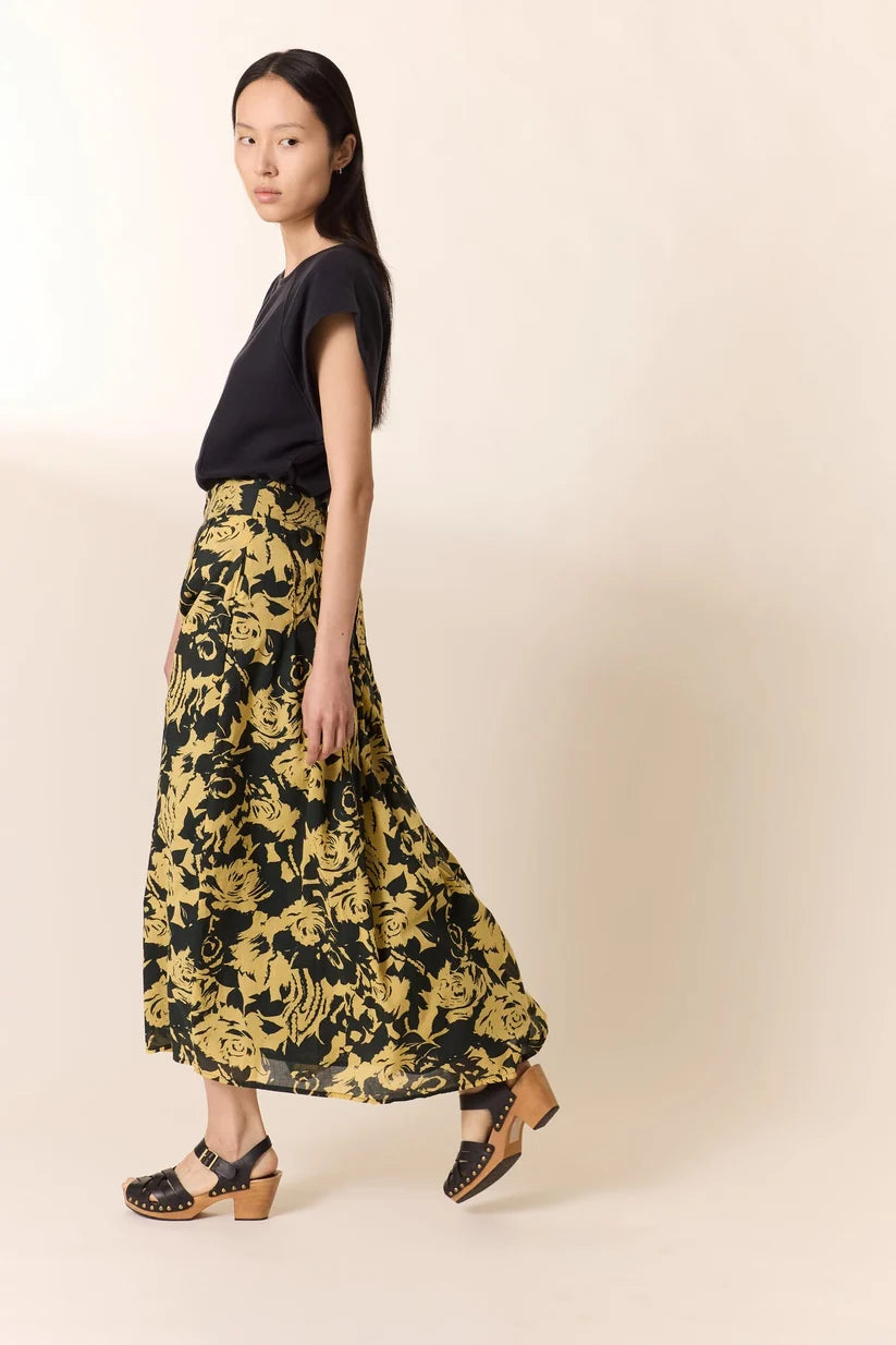 L&H YELLOW Print Pintuck Pleat Button Front Organic Cotton Skirt