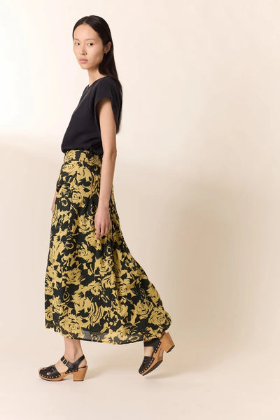 L&H YELLOW Print Pintuck Pleat Button Front Organic Cotton Skirt
