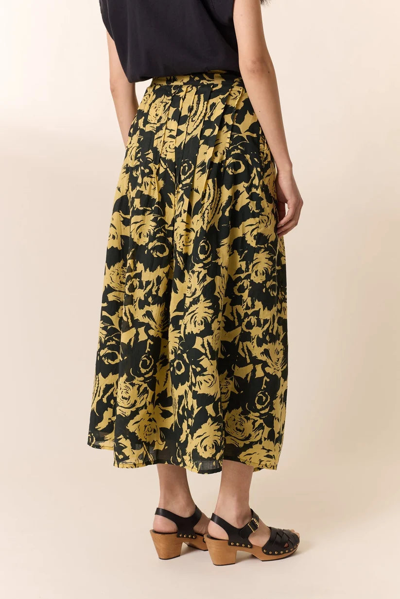 L&H YELLOW Print Pintuck Pleat Button Front Organic Cotton Skirt