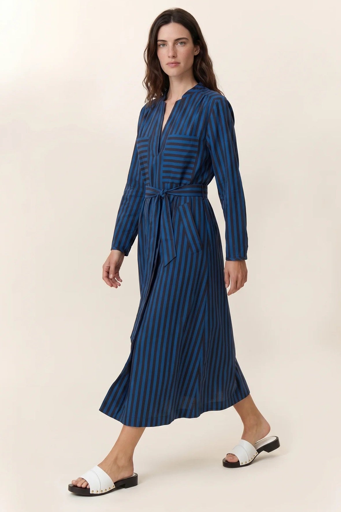L&H Chinese Collar Crisp Cotton Stripe Tie Dress