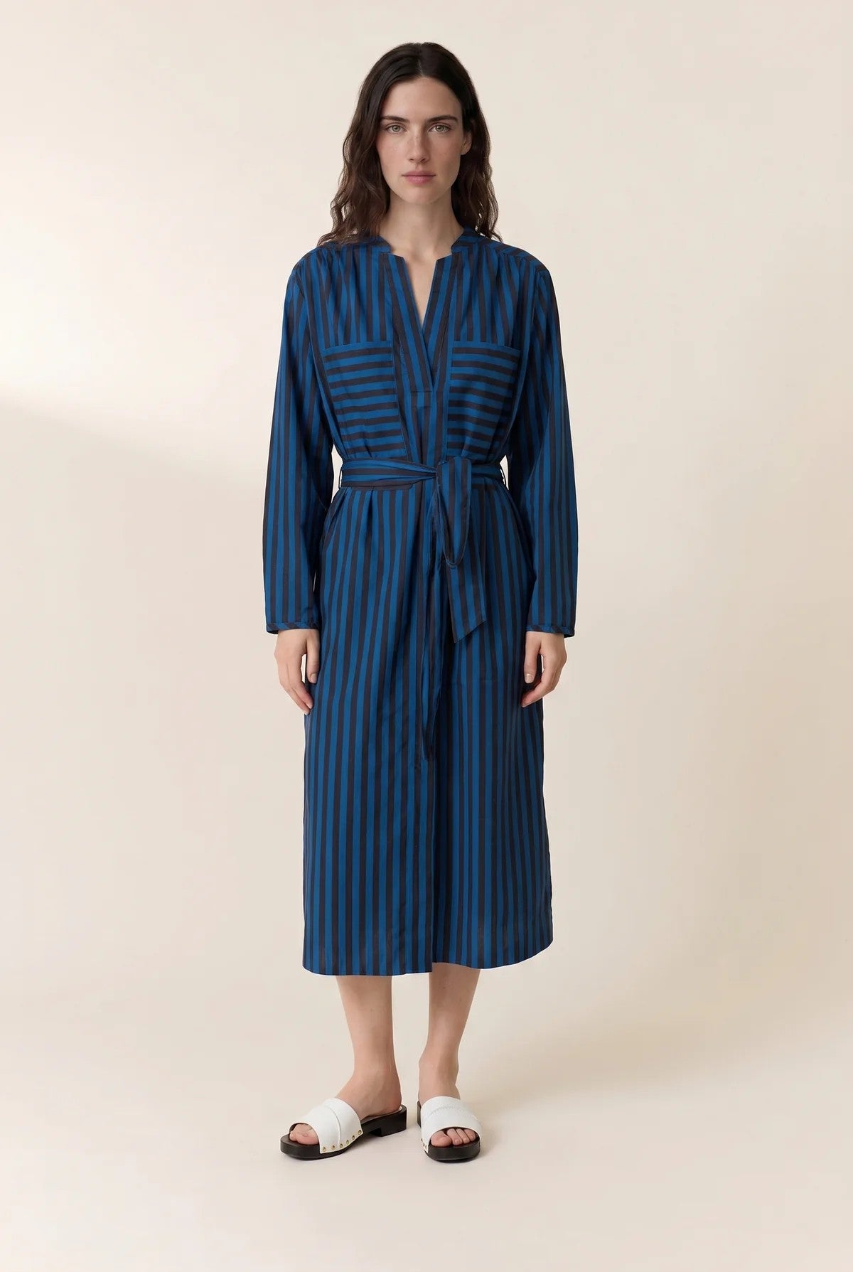 L&H Chinese Collar Crisp Cotton Stripe Tie Dress