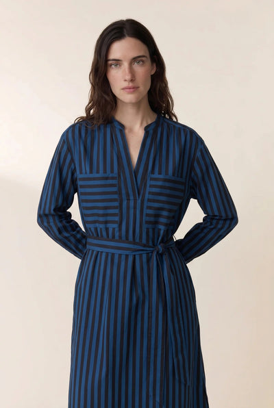 L&H Chinese Collar Crisp Cotton Stripe Tie Dress