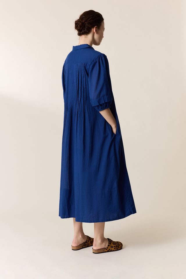 L&H INK BLUE Pintuck Pleat Bell Sleeve Organic Cotton Dress