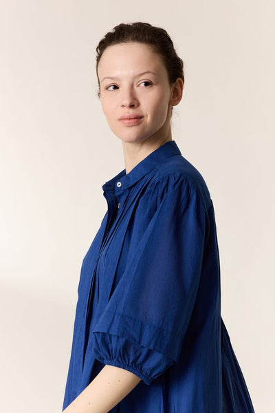 L&H INK BLUE Pintuck Pleat Bell Sleeve Organic Cotton Dress