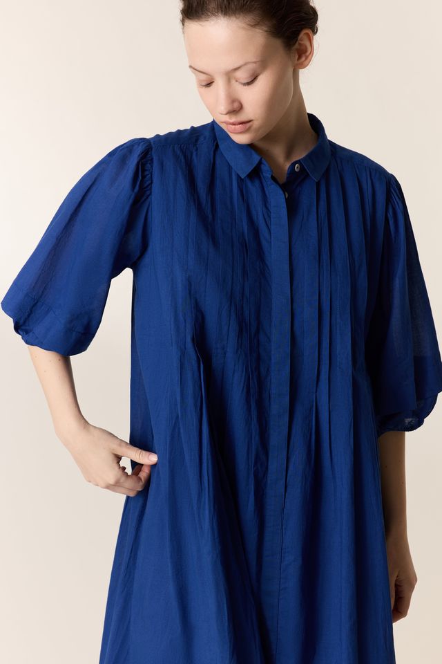 L&H INK BLUE Pintuck Pleat Bell Sleeve Organic Cotton Dress