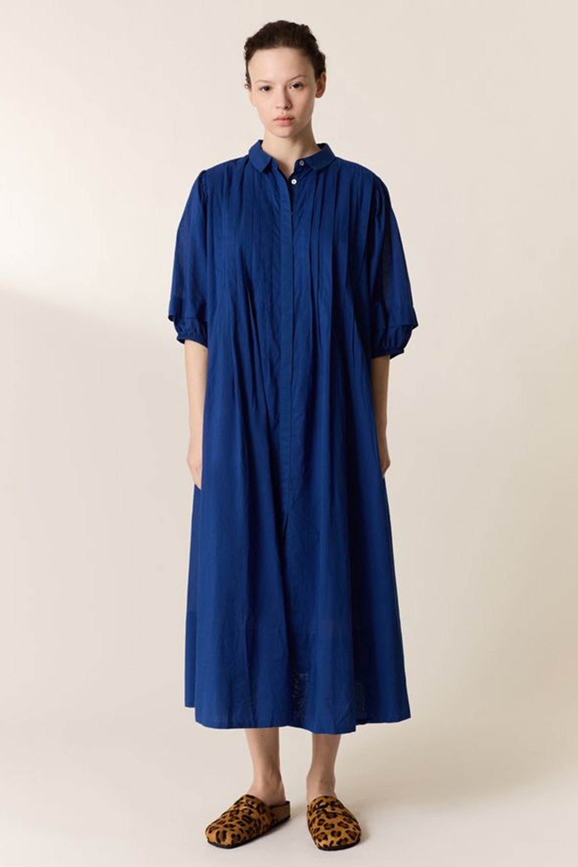 L&H INK BLUE Pintuck Pleat Bell Sleeve Organic Cotton Dress