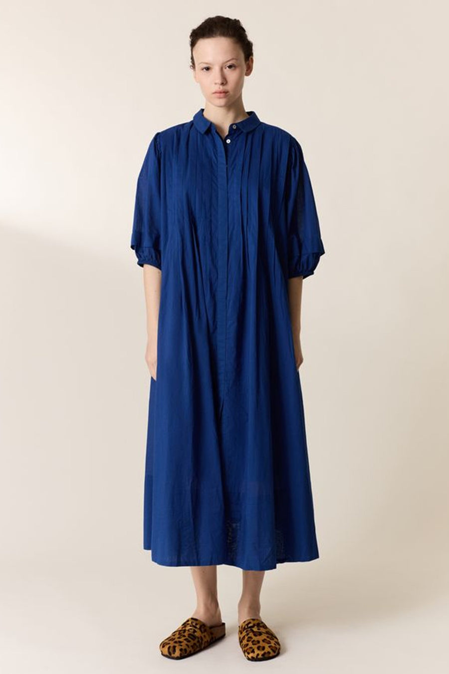 L&H INK BLUE Pintuck Pleat Bell Sleeve Organic Cotton Dress