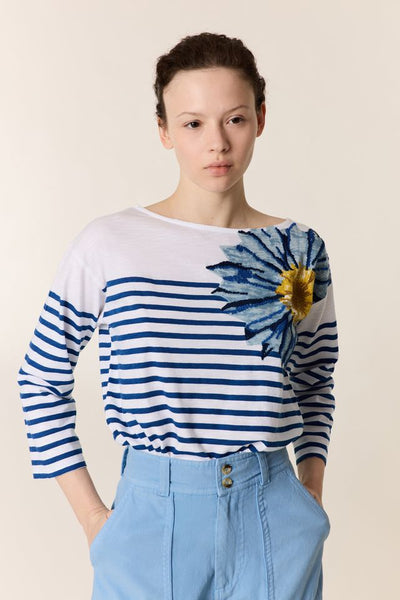 L&H BLUE Nautical Sunflower Boat Neck Organic Cotton Top