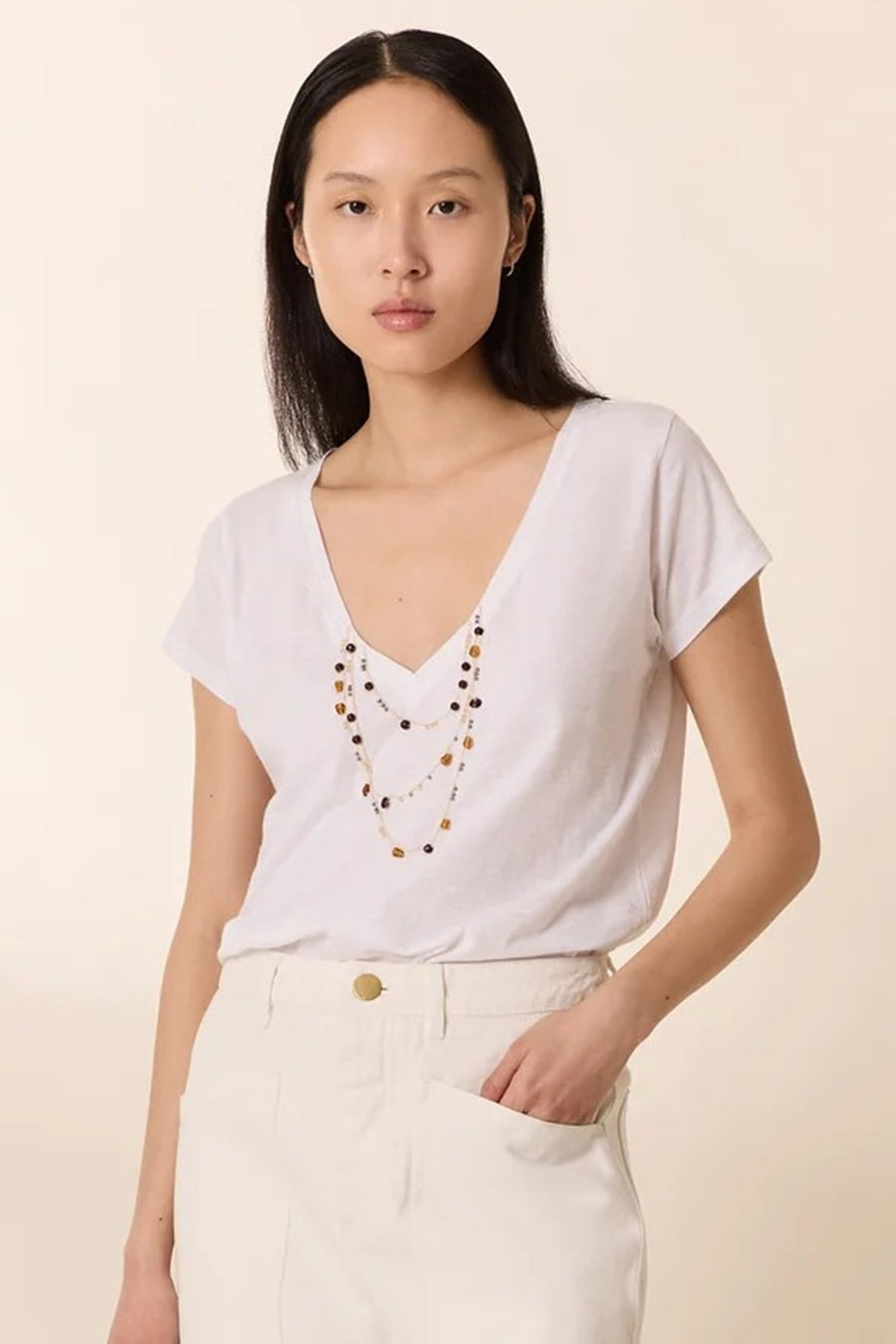 L&H Amber & Pearl Deep V Organic Cotton T-Shirt