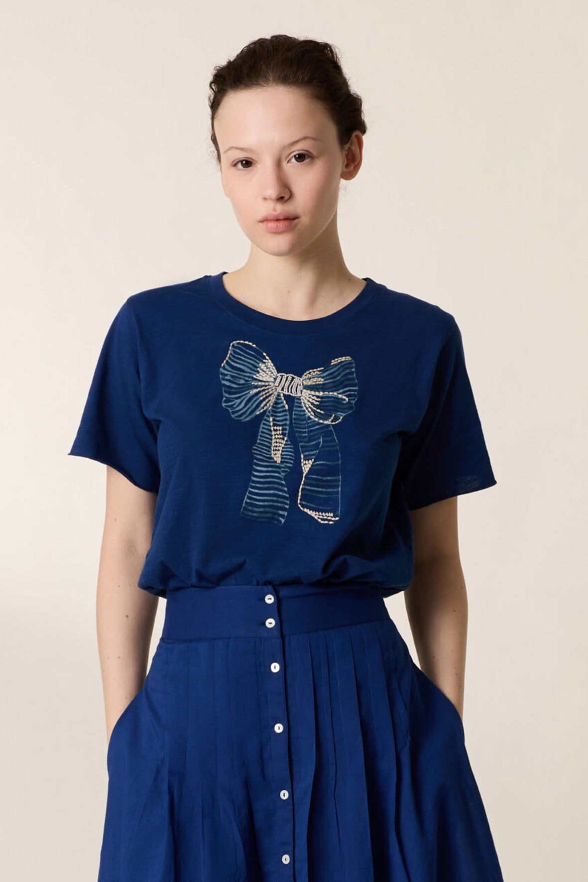 L&H Bow Design Embroidered Crew Neck Cotton T-Shirt