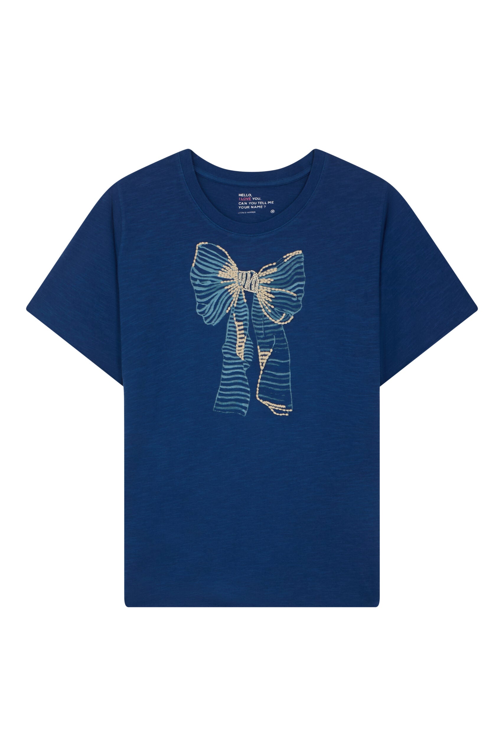 L&H Bow Design Embroidered Crew Neck Cotton T-Shirt