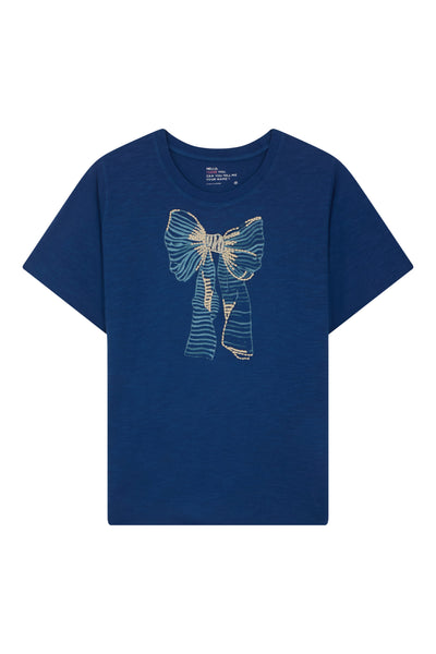L&H Bow Design Embroidered Crew Neck Cotton T-Shirt