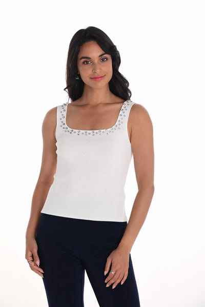 251600 WHITE Rhinestone Scoop Fine Rib Singlet