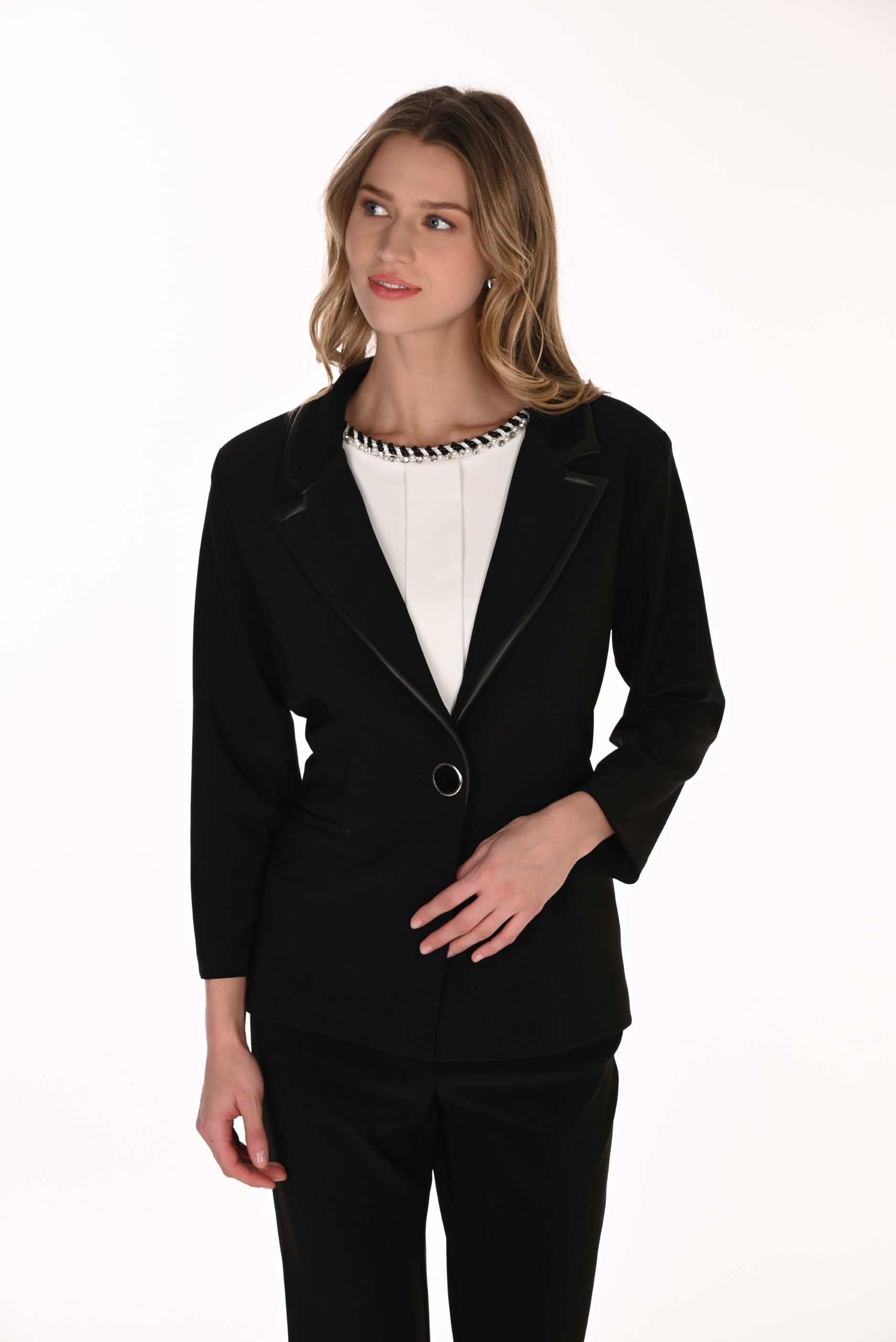 FL263012 Leatherette Trim Tuxedo Lapel Shaped 7/8 Sleeve Blazer