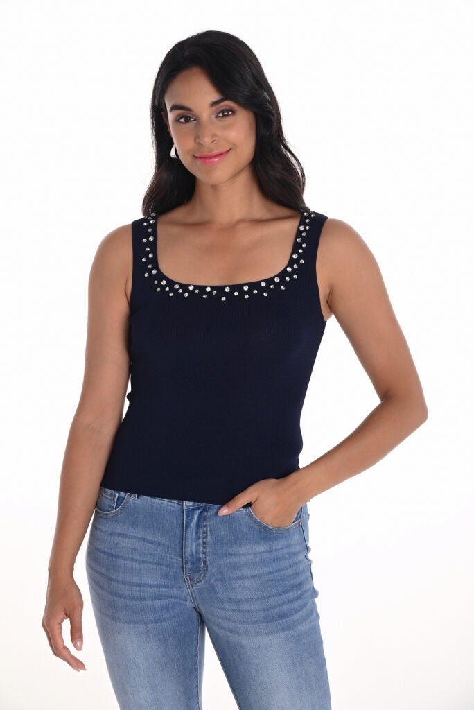 251600 NAVY Rhinestone Scoop Fine Rib Singlet