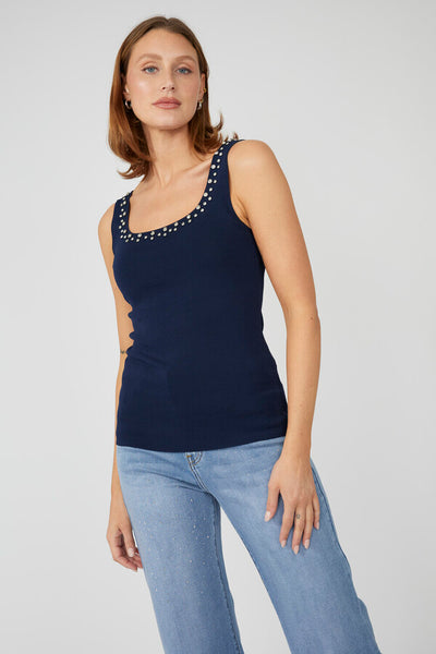 251600 NAVY Rhinestone Scoop Fine Rib Singlet