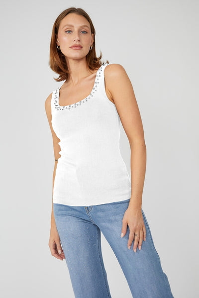 251600 WHITE Rhinestone Scoop Fine Rib Singlet