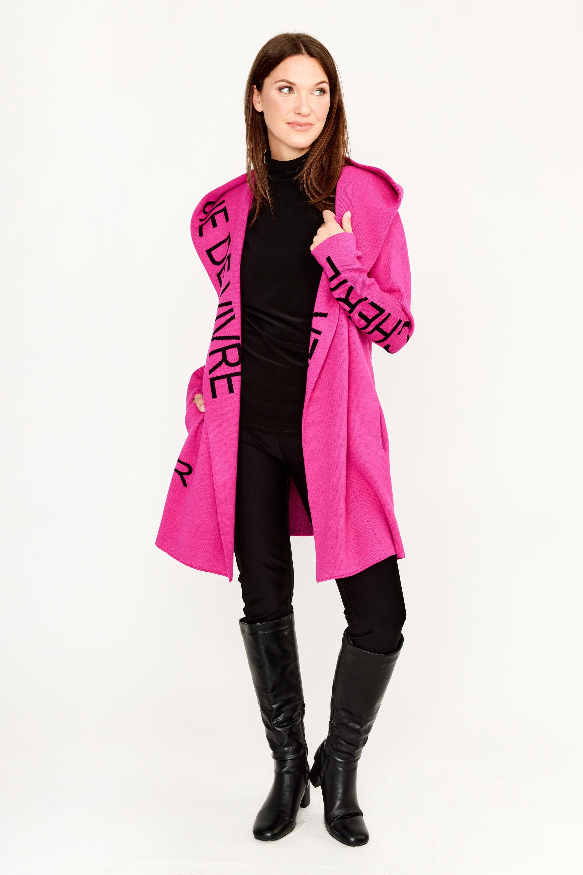 214144U Fuchsia Rayon Blend Cardigan Coat With Hood