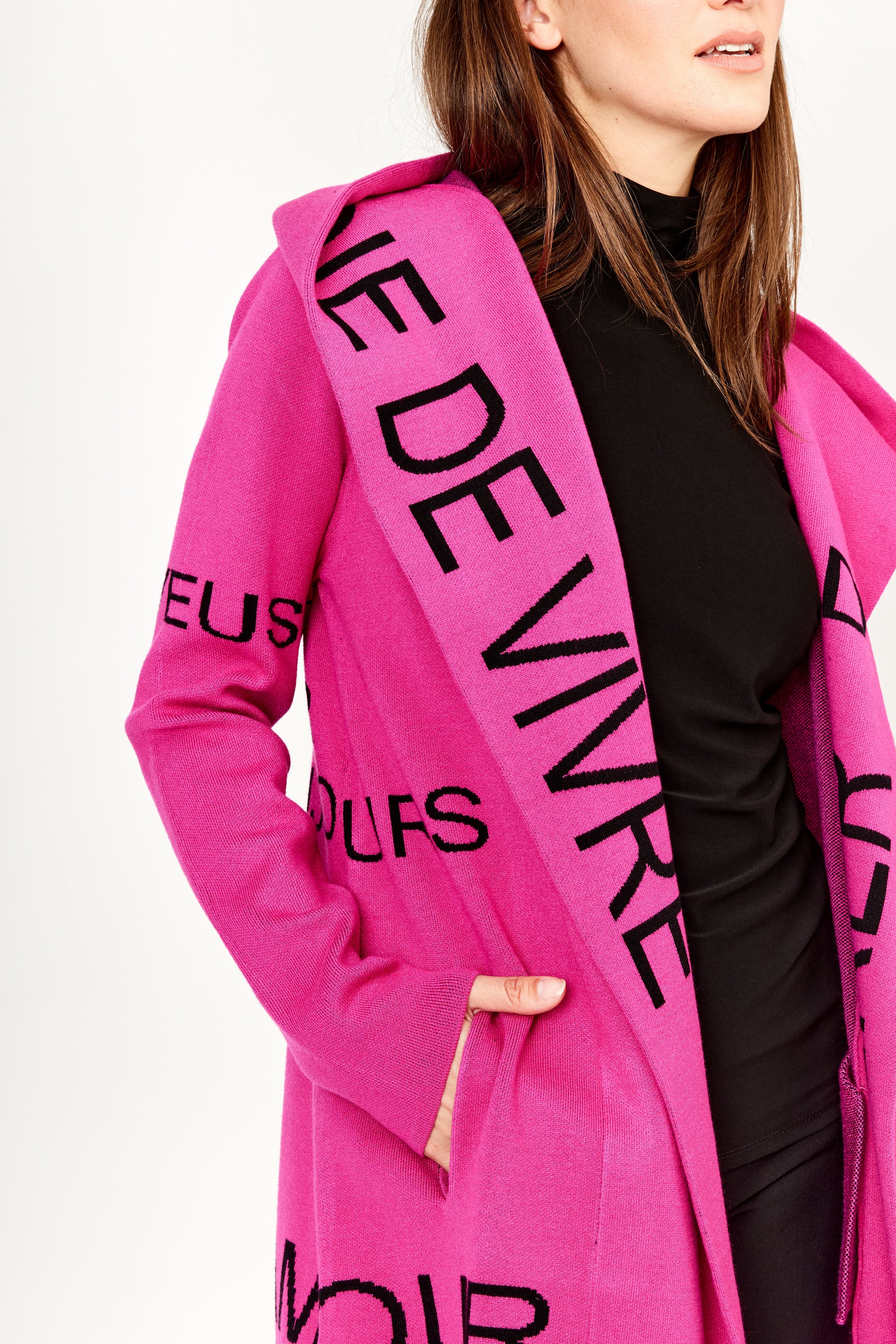 214144U Fuchsia Rayon Blend Cardigan Coat With Hood