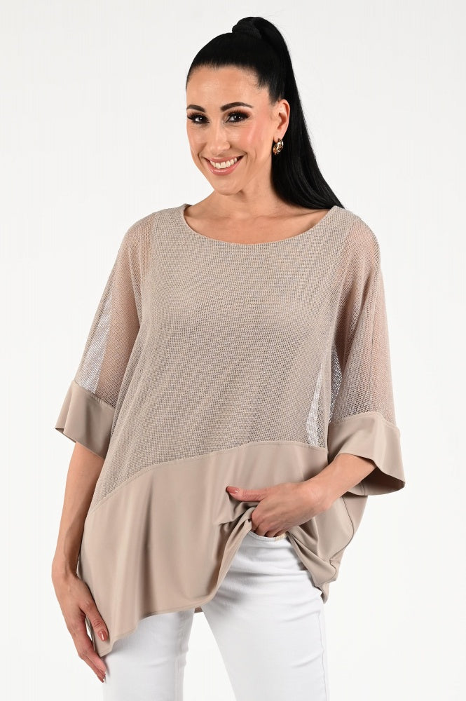 251092 SAND Mesh And Silky Knit Cocoon Top