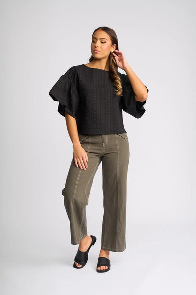 KN5113 Waffle Cotton Ruffle Sleeve Top