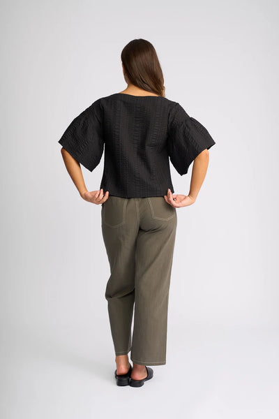 KN5113 Waffle Cotton Ruffle Sleeve Top