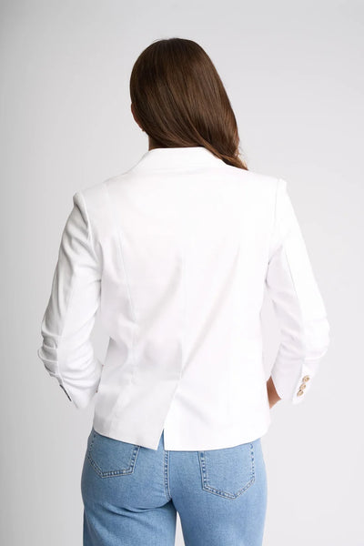 KN6054 WHITE Stretch Denim Rouched Sleeve Blazer