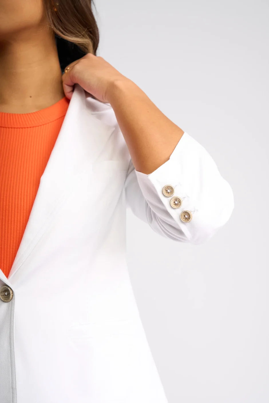 KN6054 WHITE Stretch Denim Rouched Sleeve Blazer