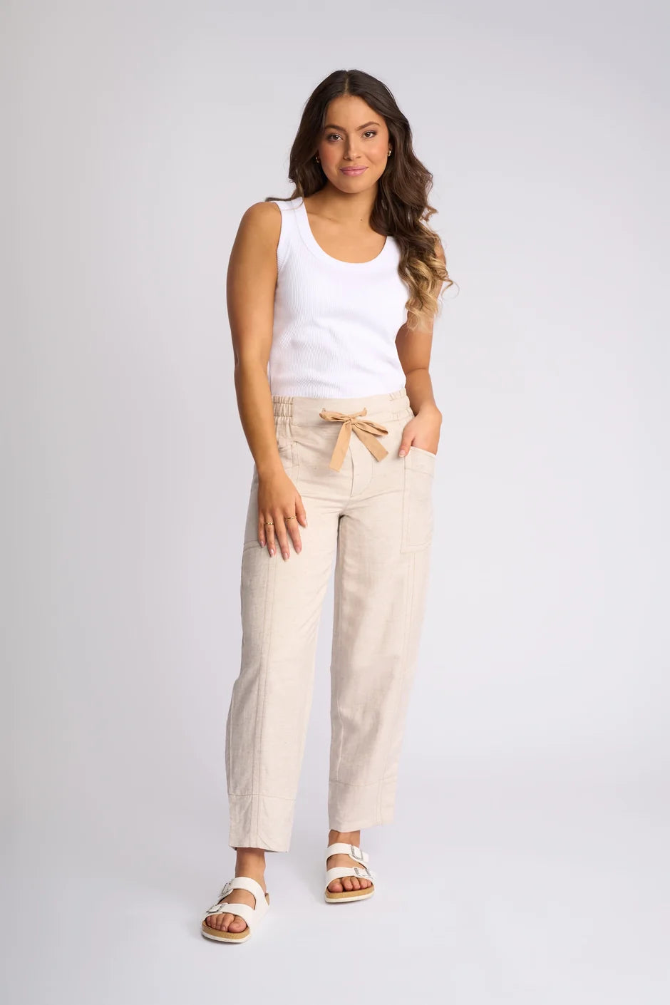 KN7106 Linen Blend Tie Pocketed Seam Pant